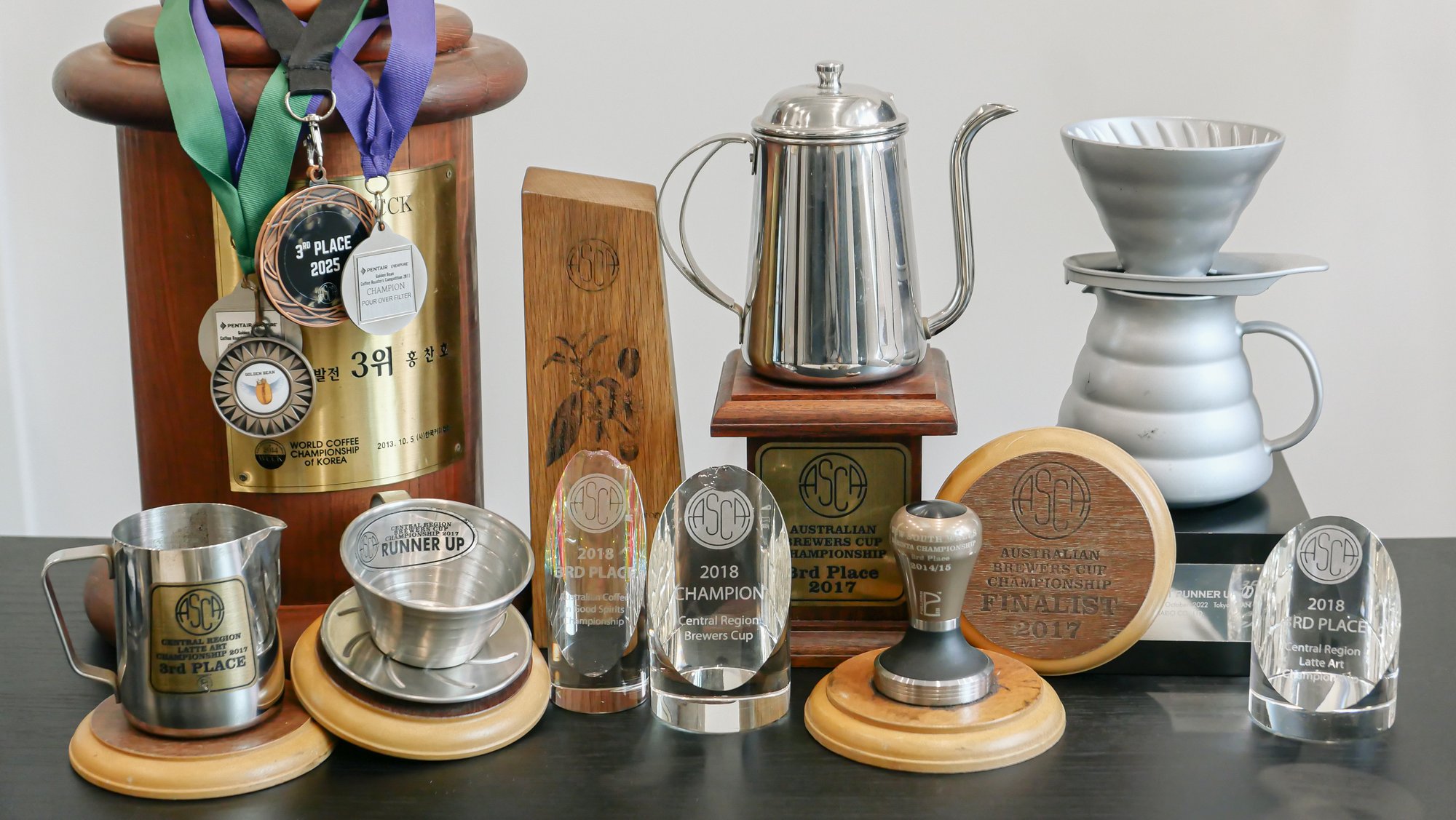 Chanho Hong's barista and roasting championship trophies